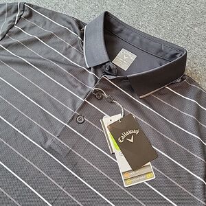 NEW Callaway Opti Dri Golf Polo Shirt Large Black Striped White Opti Shield UPF